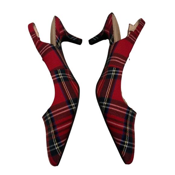 Isaac Mizrahi Red Green Plaid Slingback Pointed Toe Heels Size 8.5 Pumps - Picture 5 of 9